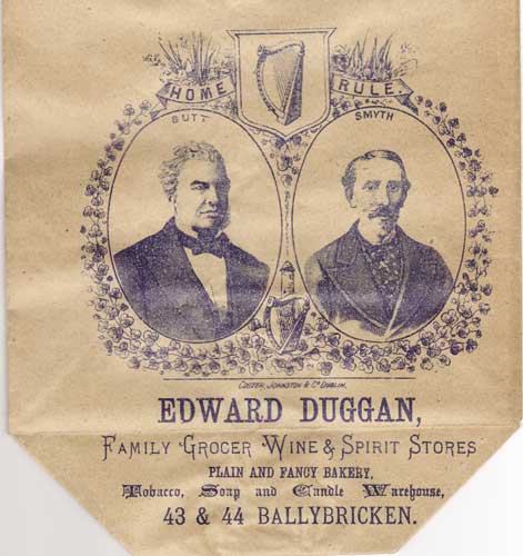 Home Rule advertisement on Edward Duggan grocery bag. at Whyte's Auctions
