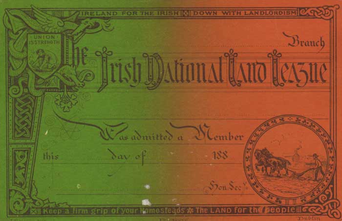 1880 Irish National Land League Membership Card in green and orange: at Whyte's Auctions