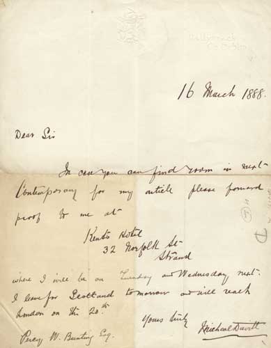 Autograph manuscript letter to Percy Bunting, 1888. by Michael Davitt  at Whyte's Auctions