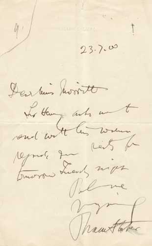 Autograph letter dated 27 July 1900 to Miss Moppitt. by Bram Stoker (1847-1912) at Whyte's Auctions