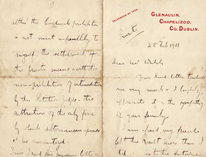1911 Letter to Mr Louis J. Walsh after his losing the 1910 election for a seat at Westminster. by Timothy Michael Healy (1865-1931) at Whyte's Auctions
