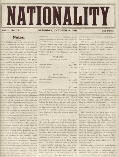 1915 Nationality, eight issues, with interesting content relating to Home Rule, the Volunteers etc by Arthur Griffith (ed.) at Whyte's Auctions