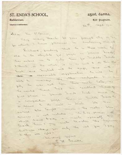 Autograph manuscript letter dated 20 September 1910. by Padraig Pearse sold for �7,000 at Whyte's Auctions