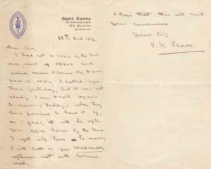 Handwritten letter concerning his financial affairs, which were perilous at the time. by Padraig Pearse sold for �8,400 at Whyte's Auctions