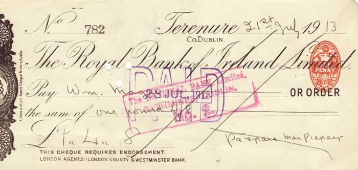 1913 Padraig Pearse signature on a cheque issued to William Magee, signed in Irish "Padraic Mac at Whyte's Auctions