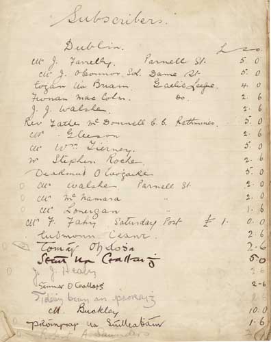 "Irish Pieces" manuscript prospectus for a book with a list of poems, songs and prose both in Irish and English and signed by subscribers at Whyte's Auctions