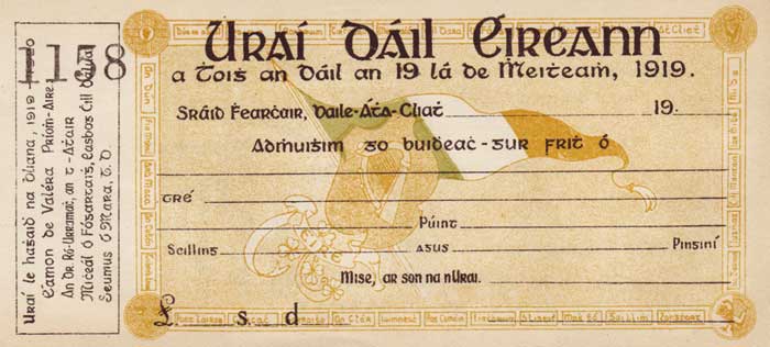 Dil ireann donation receipt, unissued, and 1920 $50 bond with printed signature of Eamon de Valera at Whyte's Auctions