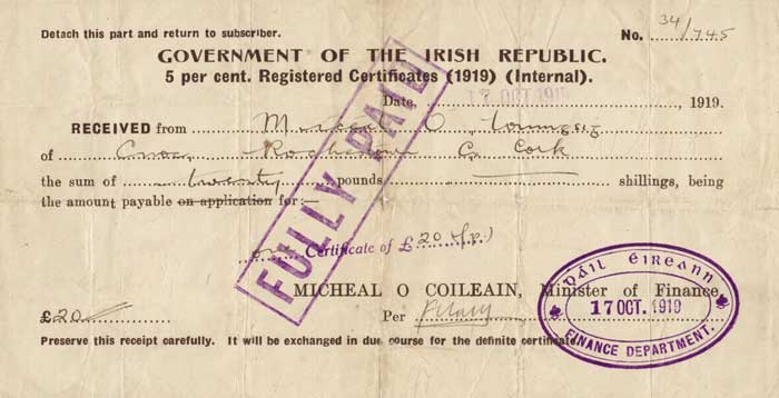 1919 Government of The Irish Republic Bond [check]. Dil ireann receipt for 20 at Whyte's Auctions