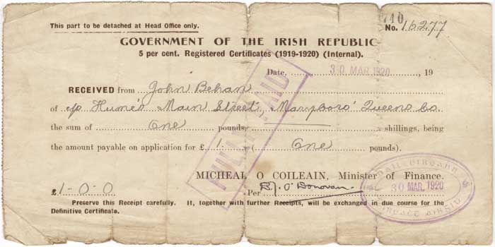 Issued by Michael Collins, Minister of Finance, Dil ireann at Whyte's Auctions