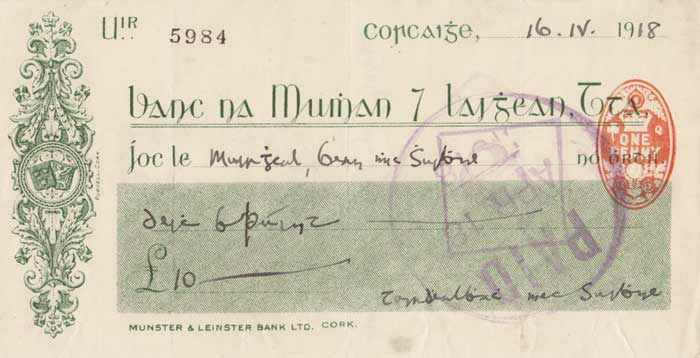 A paid cheque for 10 at Whyte's Auctions