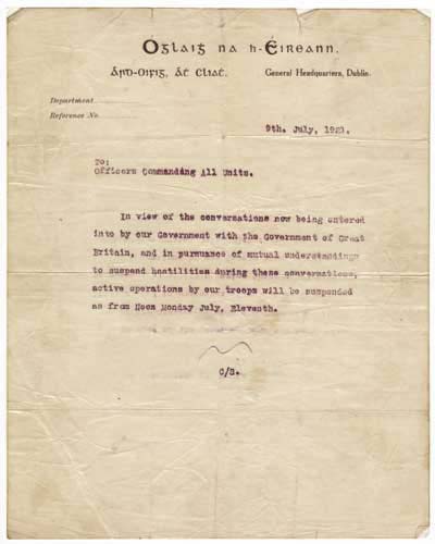 CEASEFIRE ORDER. The historic document that marked the end of military activity against at Whyte's Auctions