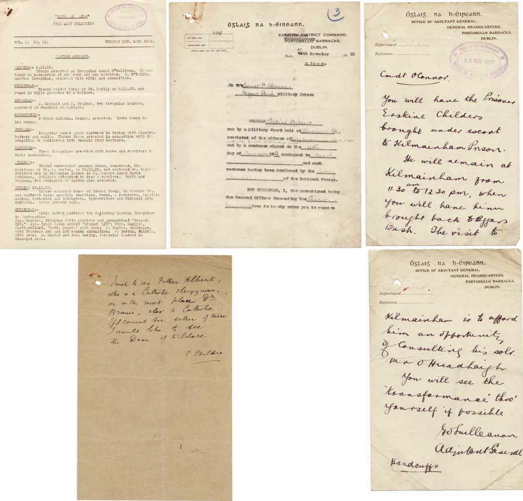Documents including transfer to Beggars Bush and a handwritten letter by Childers seeking a priest at Whyte's Auctions