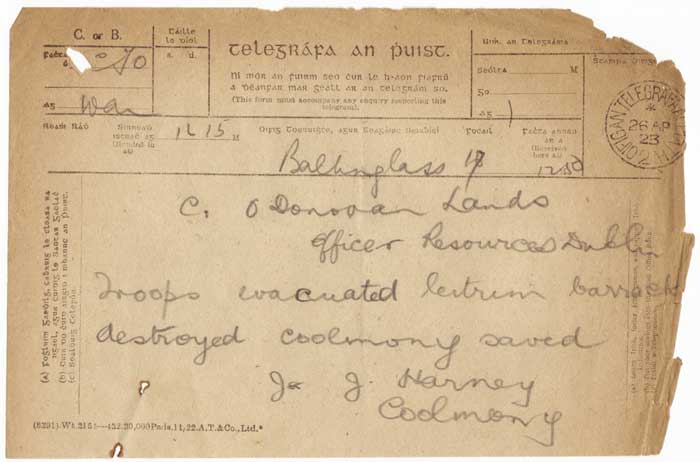 The Last Action? Telegram reporting anti Treaty forces attack in Co. Wicklow at Whyte's Auctions