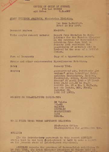 US Army Office of Chief of Counsel for War Crimes Report on de Valera's meetings with German envoy. by Eamon de Valera and Nazi Germany, 1947 at Whyte's Auctions