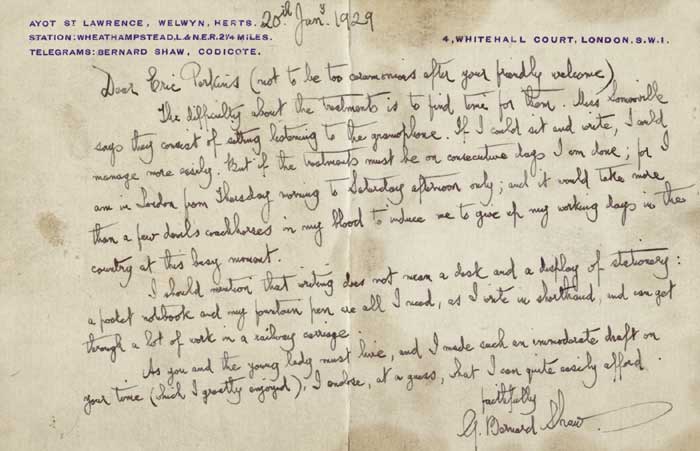 Autograph letter dated 20 January 1929 to Eric Parkins about a proposed treatment for an ailment. by George Bernard Shaw (1856-1950) (1856-1950) at Whyte's Auctions
