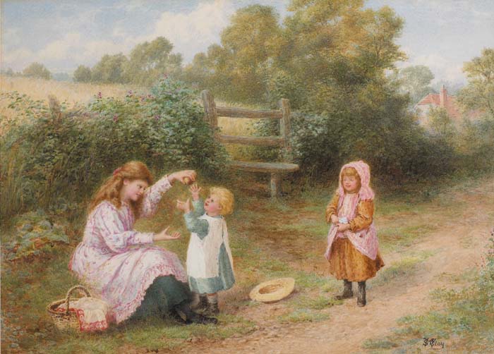 YOUNG WOMAN AND TWO CHILDREN ON A COUNTRY LANE, WITH HEDGEROW AND STILE BEYOND by Samuel McCloy (1831-1904) at Whyte's Auctions
