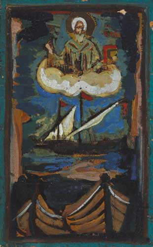 ICON - HOLY APPARITION ABOVE FISHING BOATS by Markey Robinson sold for 2,400 at Whyte's Auctions