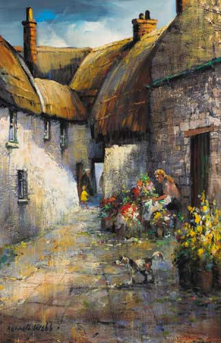 OLD GALWAY TOWN WITH FLOWER STALL by Kenneth Webb sold for 6,700 at Whyte's Auctions