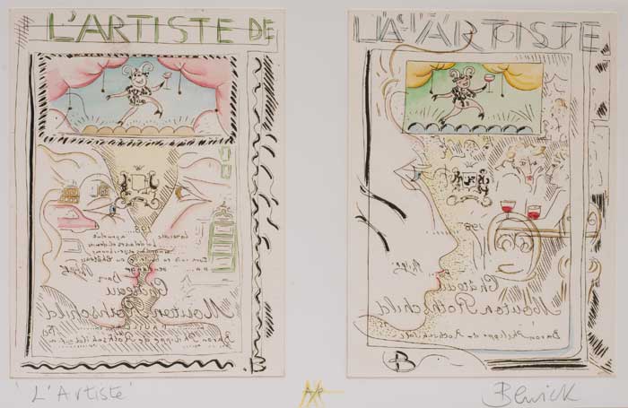 L'ARTISTE - TWO WINE LABEL DESIGNS FOR CHATEAUX MOUTON ROTHSCHILD by Pauline Bewick RHA (b.1935) at Whyte's Auctions