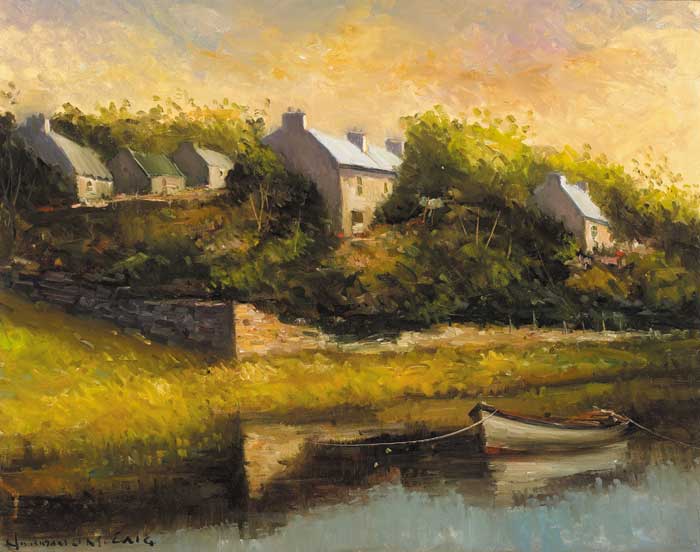 BOAT MOORED IN A RIVER WITH COTTAGES BEYOND by Norman J. McCaig (1929-2001) at Whyte's Auctions