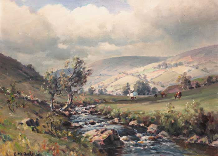 STREAM RUNNING THROUGH A VALLEY WITH CATTLE GRAZING AND FARMHOUSE BEYOND by Charles J. McAuley RUA ARSA (1910-1999) at Whyte's Auctions