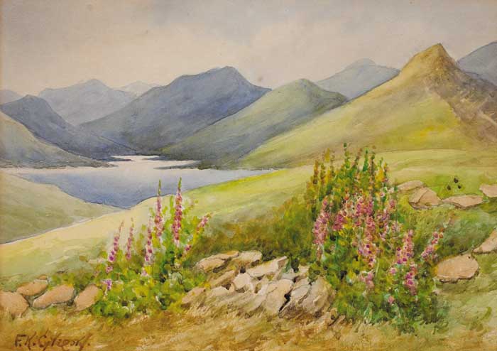 VIEW OF MOUNTAINS AND LAKE WITH FOXGLOVES IN FOREGROUND by Mrs F. K. Gregory (fl.1920s) (fl.1920s) at Whyte's Auctions