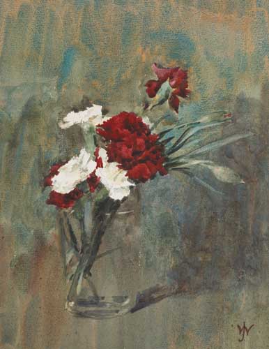 RED AND WHITE CARNATIONS IN A GLASS VASE by Josephine Webb (1853-1924) at Whyte's Auctions