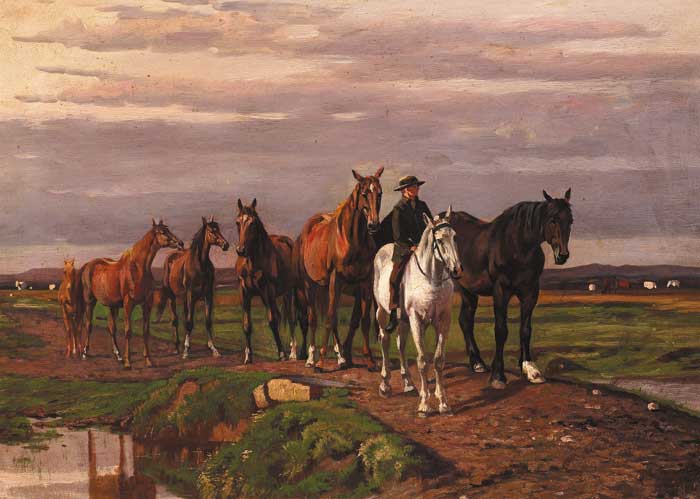 MOUNTED RIDER LEADING A HERD OF HORSES OVER A STREAM by Augustus Nicholas Burke RHA (1838-1891) at Whyte's Auctions