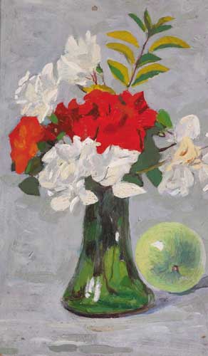 ORANGE AND WHITE FLOWERS IN A GREEN, BELL-BOTTOMED VASE by Michael Healy (1873-1941) at Whyte's Auctions