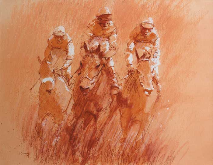 RACING SCENE - THREE JOCKEYS UP by Peter Curling (b.1955) (b.1955) at Whyte's Auctions