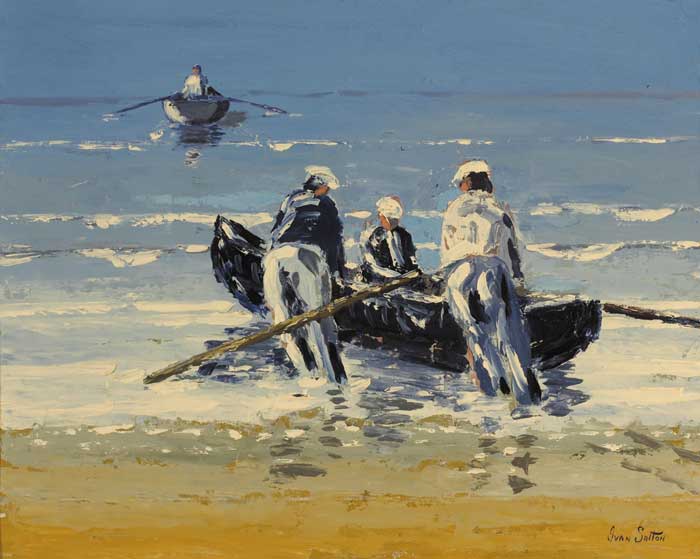 LAUNCHING THE CURRACH, ARAN MOR, COUNTY GALWAY by Ivan Sutton (b.1944) at Whyte's Auctions