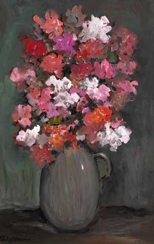 PINK FLOWERS IN A JUG by Gladys Maccabe MBE HRUA ROI FRSA (1918-2018) at Whyte's Auctions