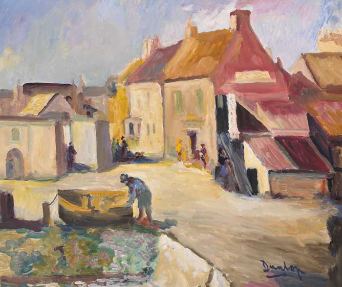 HARBOUR TOWN WITH FIGURE BY A BOAT by Ronald Ossory Dunlop RA RBA NEAC (1894-1973) at Whyte's Auctions