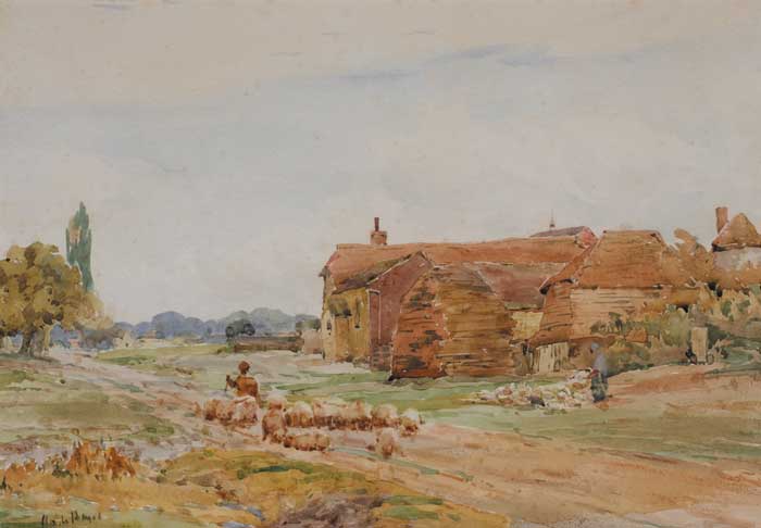 FARMHOUSE WITH FLOCK OF SHEEP ON ROAD by Claude Hayes RI ROI (1852-1922) at Whyte's Auctions