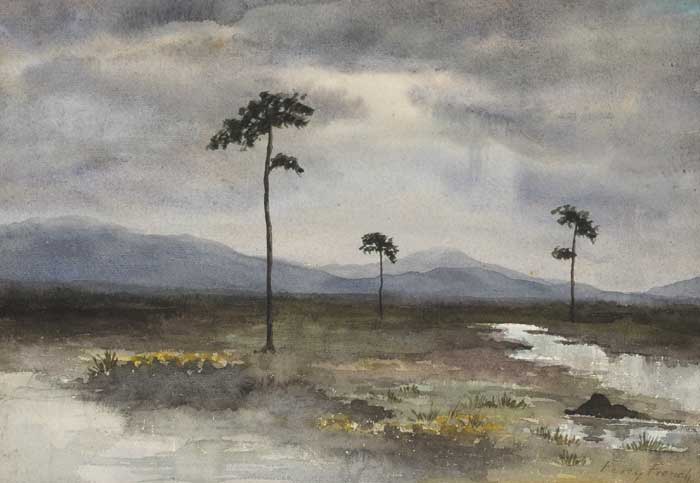 BOGLAND LANDSCAPE WITH TREES AND MOUNTAINS BEYOND by William Percy French sold for �8,000 at Whyte's Auctions