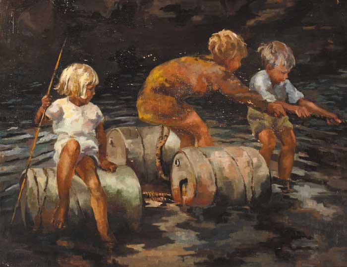 RIVER SCENE WITH CHILDREN AND OIL-DRUMS by Patricia Griffith nee Wallace (1912-1973) at Whyte's Auctions