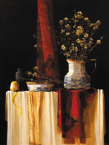STILL LIFE WITH FLOWERS, TAPESTRY AND SILK ON WHITE, 1994 by Martin Mooney (b.1960) at Whyte's Auctions