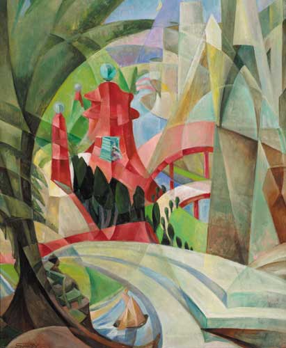 CUBIST LANDSCAPE WITH RED PAGODA AND BRIDGE, circa 1926-28 by Mary Swanzy sold for �180,000 at Whyte's Auctions
