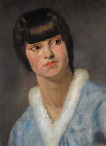 YOUNG WOMAN IN A FUR-COLLARED WRAP, circa 1914-16 by James Sinton Sleator sold for 3,000 at Whyte's Auctions