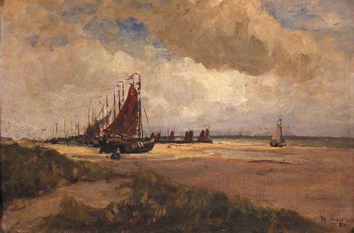 FISHING FLEET ON THE SANDS AT SCHIEVENINGEN by Nathaniel Hone RHA (1831-1917) at Whyte's Auctions