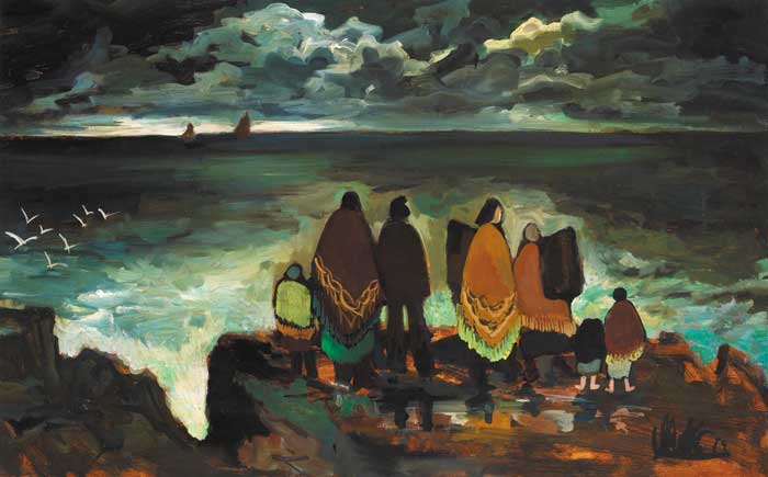 WOMEN WATCHING THE RETURN OF THE FISHING FLEET by Markey Robinson sold for 27,000 at Whyte's Auctions