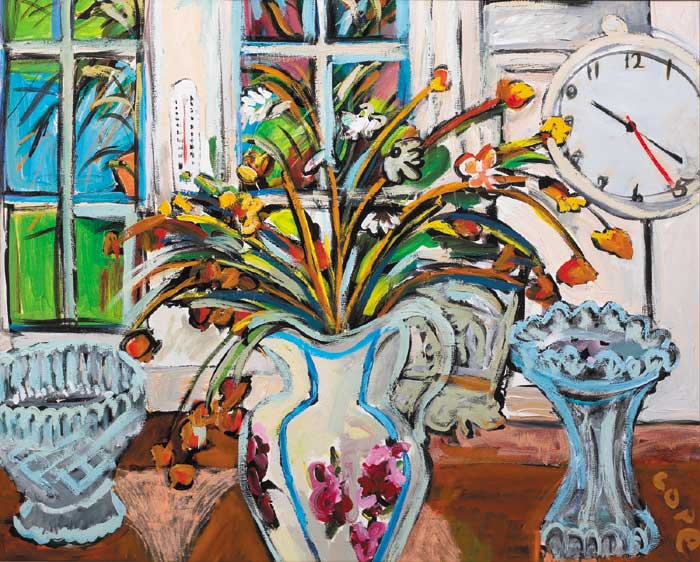 STILL LIFE WITH FLOWERS, VASES AND CLOCK, 2001 by Elizabeth Cope (b.1952) at Whyte's Auctions