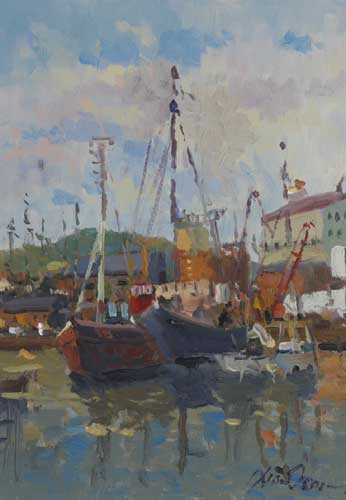 FISHING BOATS IN A HARBOUR by Liam Treacy (1934-2004) at Whyte's Auctions