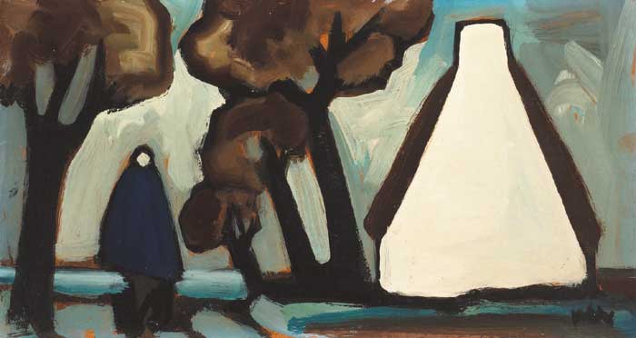 BLUE SHAWLIE AND COTTAGE GABLE by Markey Robinson (1918-1999) at Whyte's Auctions
