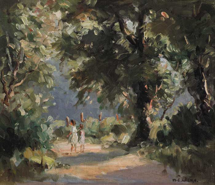 TWO GIRLS ON A PATH THROUGH TREES by Maurice Canning Wilks RUA ARHA (1910-1984) at Whyte's Auctions
