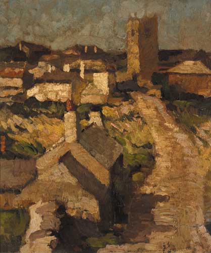 VILLAGE WITH TOWERHOUSE by Ronald Ossory Dunlop RA RBA NEAC (1894-1973) at Whyte's Auctions