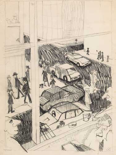 CITY STREET VIEWED FROM OFFICE INTERIOR by Graham Knuttel (b.1954) at Whyte's Auctions