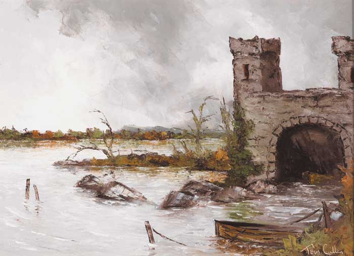 RIVER SCENE WITH BOATS MOORED BY AN OLD WATER GATE by Tom Cullen (1934-2001) at Whyte's Auctions