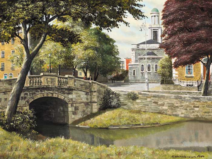 HUBAND BRIDGE AND THE PEPPERCANISTER CHURCH, DUBLIN, 1984 by Neville Henderson sold for �1,000 at Whyte's Auctions