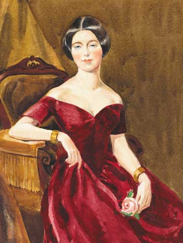 PORTRAIT OF A LADY IN A WINE-RED GOWN, SEATED, HOLDING A FLOWER by Ethel Knox (fl. 1900-1940s) at Whyte's Auctions
